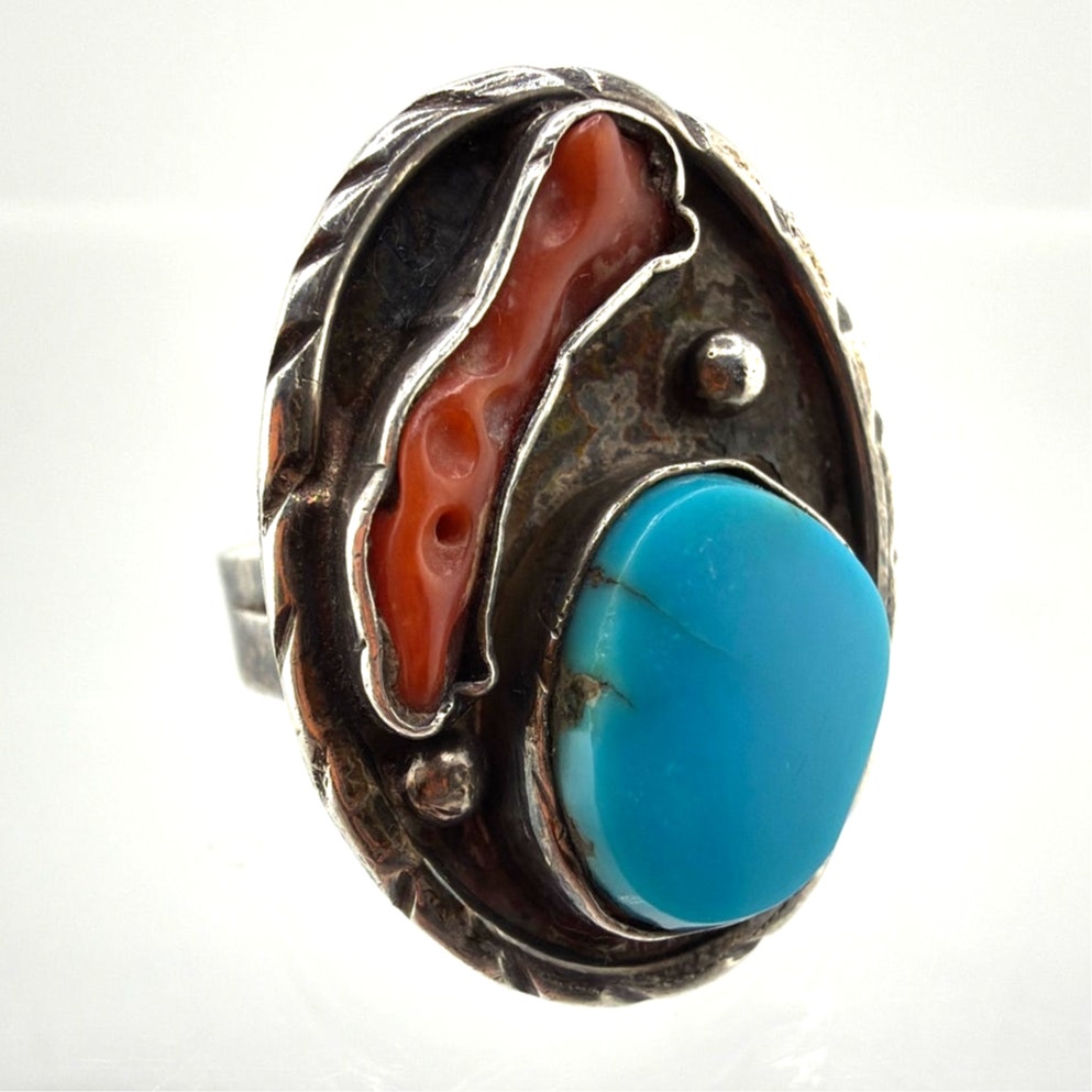 Vintage Native American Sterling Silver Turquoise And Coral Shadowbox Ring 6.5